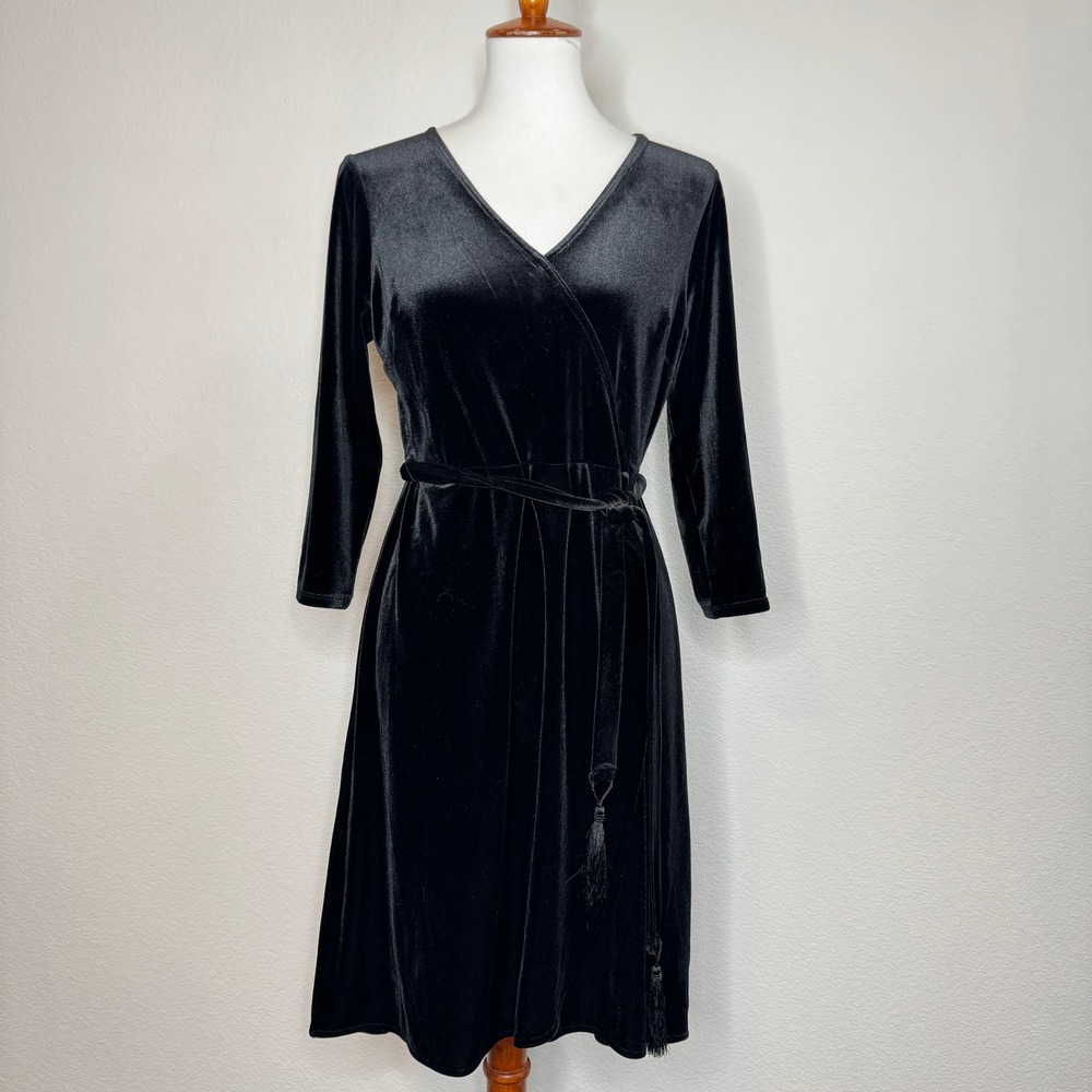 J. JILL Faux Wrap Velour Velvet Dress SM PET Black Belted‎ Whimsigoth Witchy